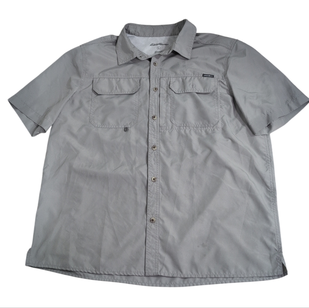 Eddie Bauer Fishing Shirt, Button Up Short Sleeves Gray Men's Large